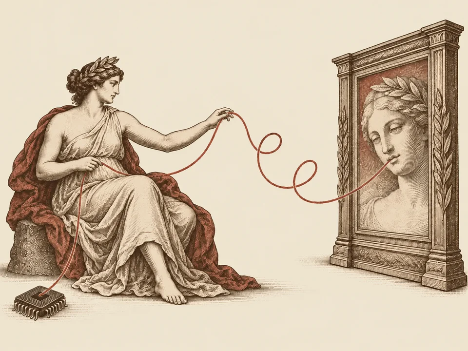 Ariadne guides a thread from computation toward the visible artwork.