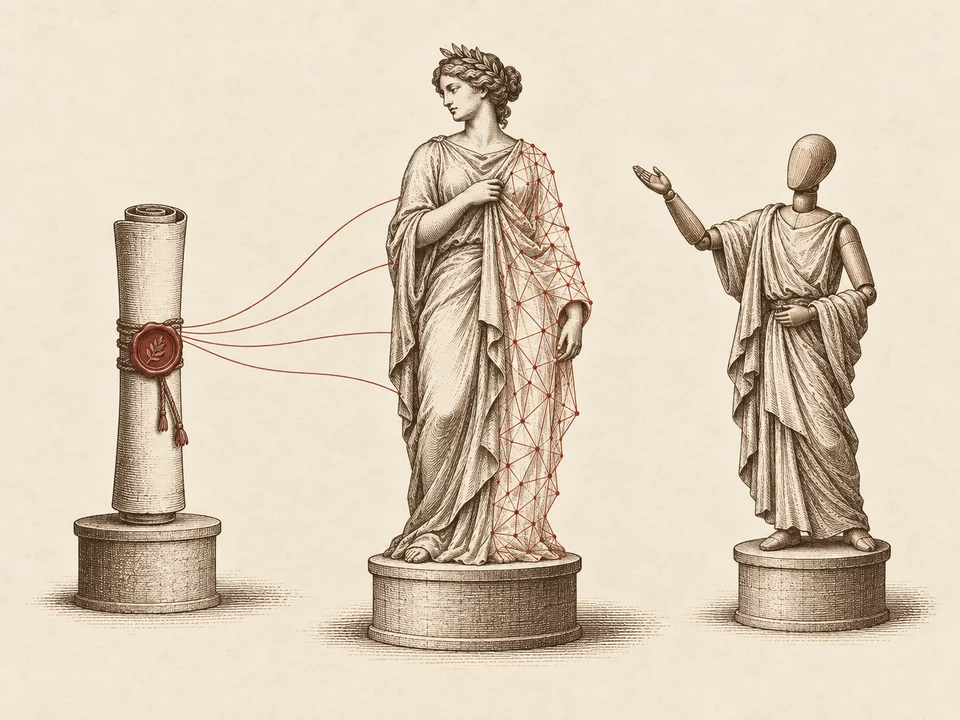 A scroll guides the creation of a robed figure whose surface becomes a neural lattice, alongside a poseable mannequin.