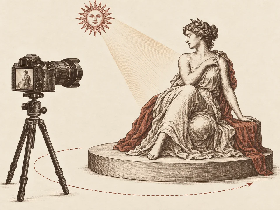 A muse, camera and sun symbolize coordinated pose, viewpoint and lighting.