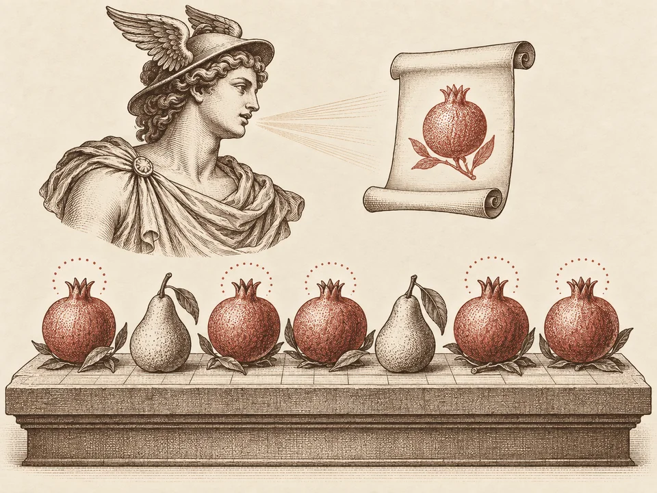 Hermes selects pomegranates through a scroll; five marked fruits are distinguished from two pears.