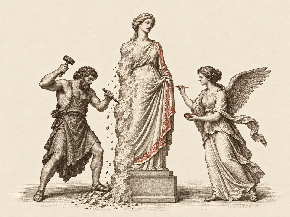 Hephaestus chisels a statue's form from marble while winged Iris paints ornament onto the same figure.