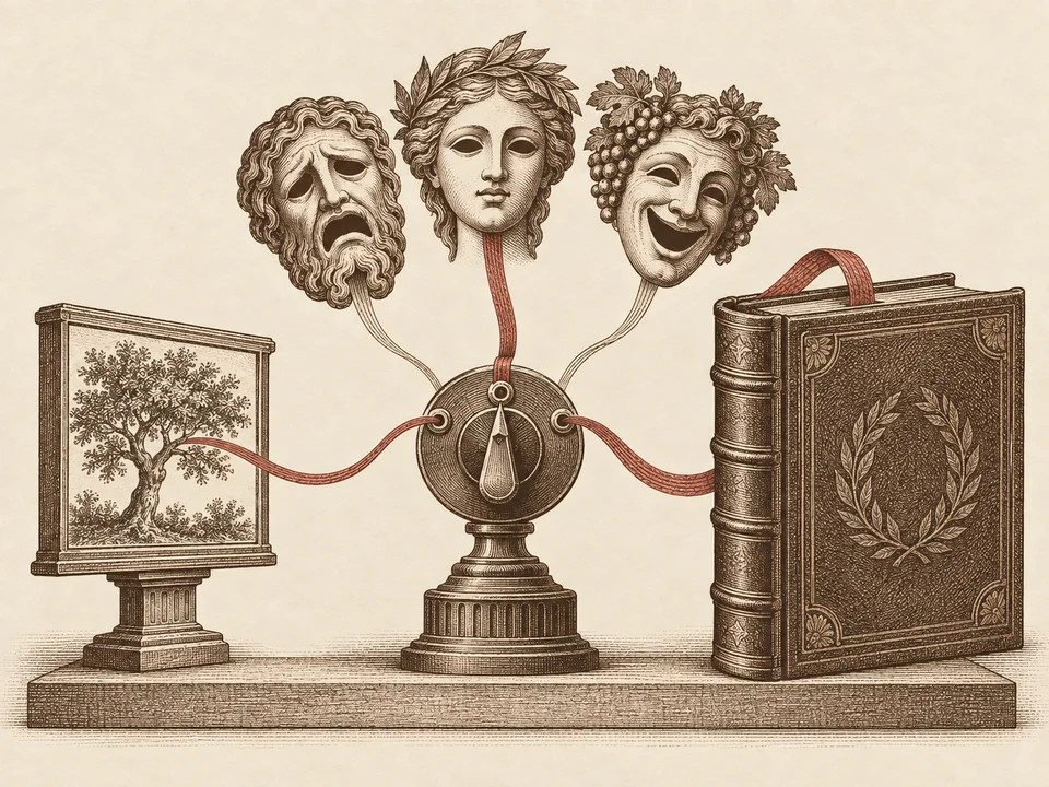 An image guides a selector among theatrical experts, inserting a small prompt ribbon into an intact book.
