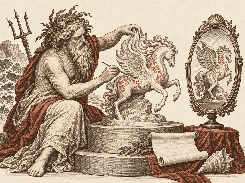 Proteus reshapes and paints a Pegasus sculpture; a mirror shows the transformed form from another viewpoint.