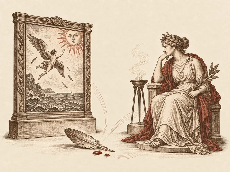 A Delphic oracle interprets a painting of Icarus, with a fallen feather and wax drops in the foreground.